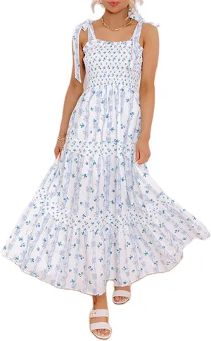 Women Y2k Boho Floral Maxi Dress Sleeveless Ruffle Ruched Backless Tie Tiered Flowy Long Sundress Summer Streetwear