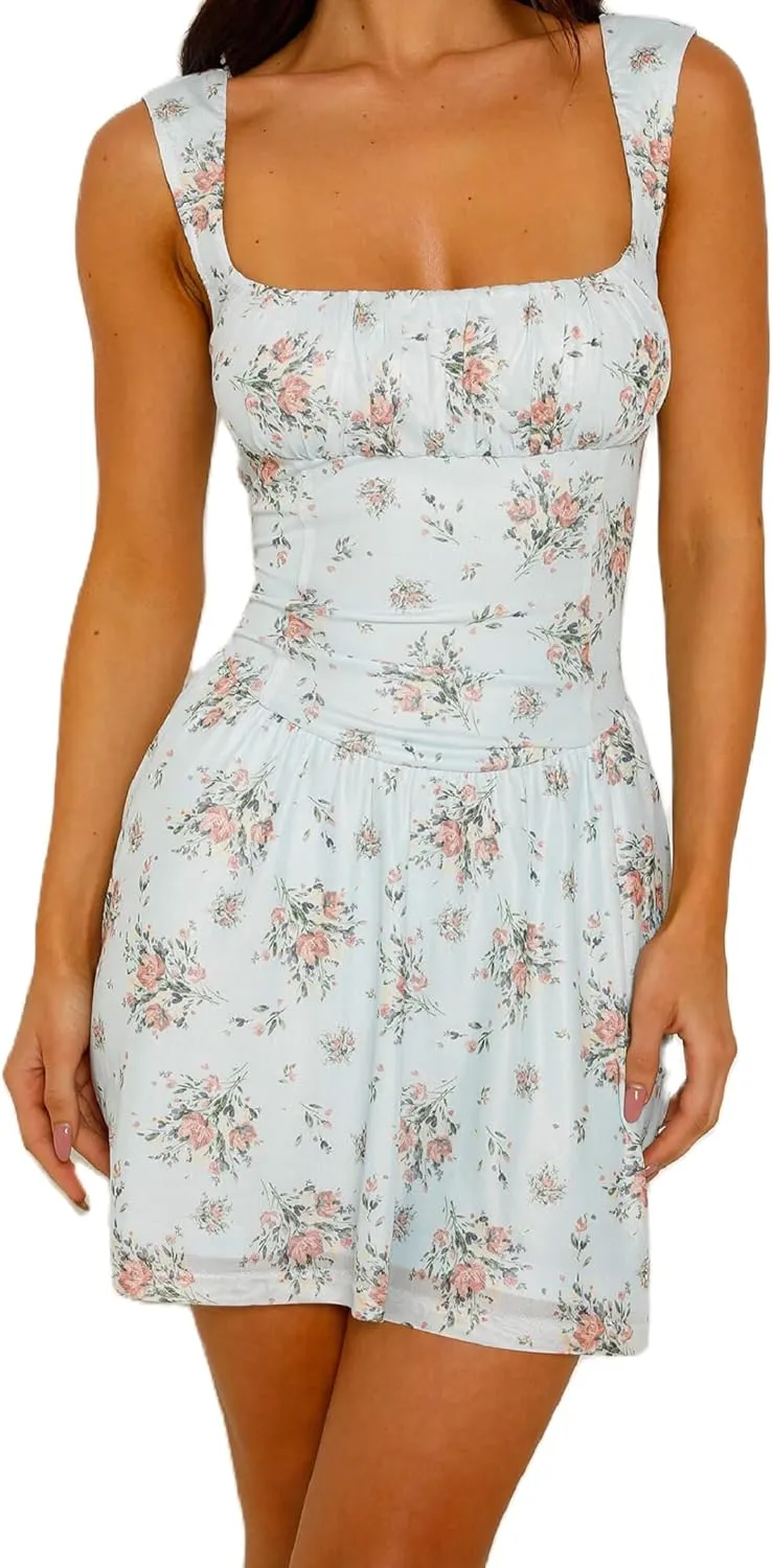 Women Y2K Floral Print Mini Dress Low Cut Open Back Bodycon Dress Spaghetti Strap Going Out Dress Streetwear
