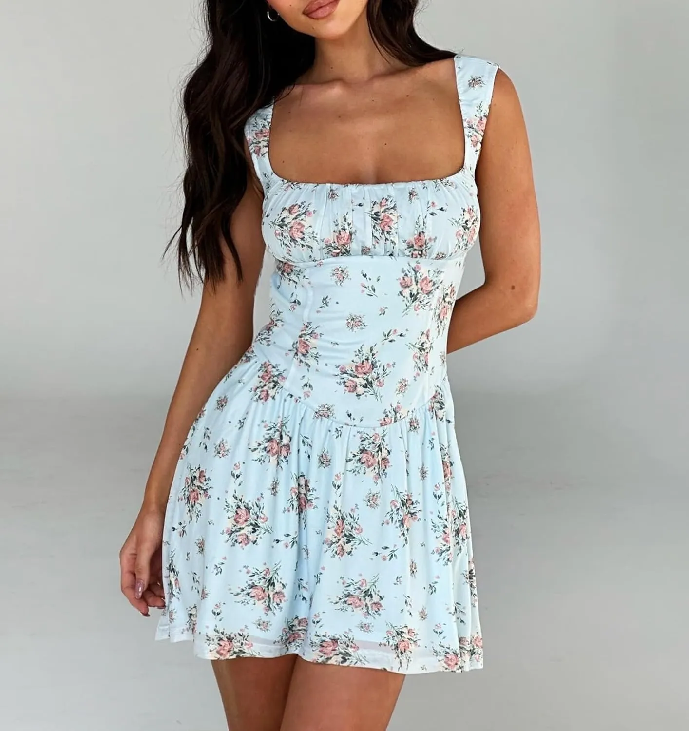 Women Y2K Floral Print Mini Dress Low Cut Open Back Bodycon Dress Spaghetti Strap Going Out Dress Streetwear