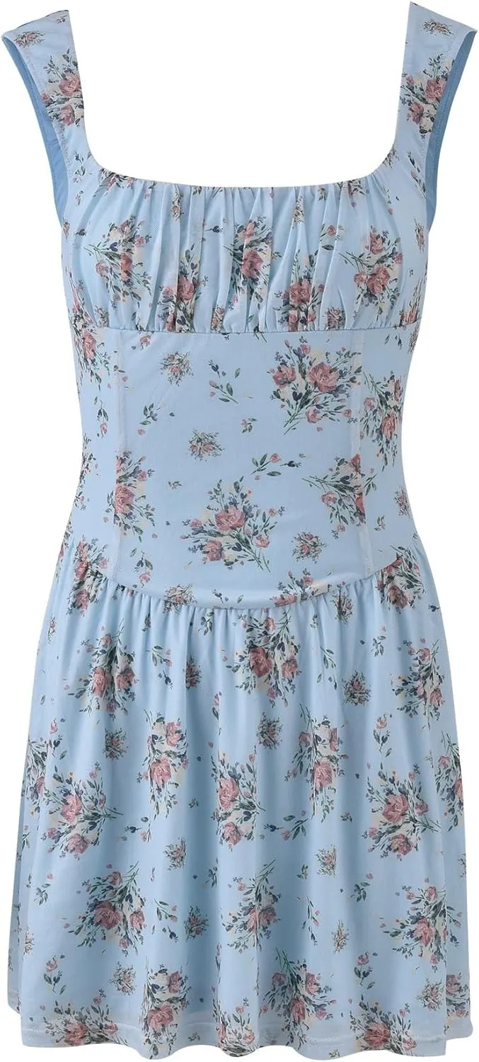 Women Y2K Floral Print Mini Dress Low Cut Open Back Bodycon Dress Spaghetti Strap Going Out Dress Streetwear