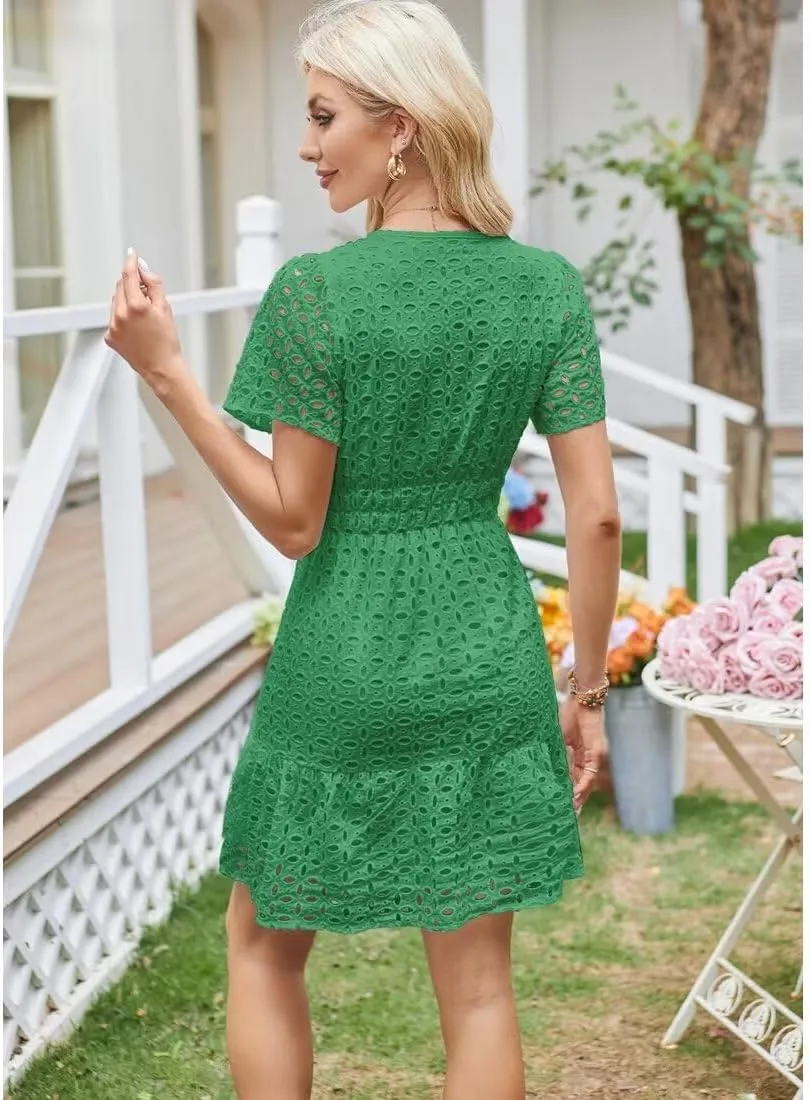 Womens 2025 Dress V Neck Short Sleeve A Line Hollow Out Eyelet Lace Ruffle Casual Party Mini Formal Dresses Sundress