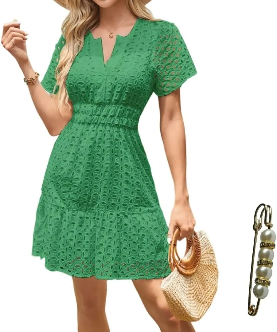 Womens 2025 Dress V Neck Short Sleeve A Line Hollow Out Eyelet Lace Ruffle Casual Party Mini Formal Dresses Sundress