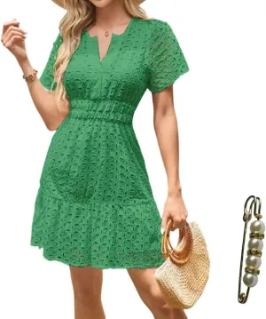 Womens 2025 Dress V Neck Short Sleeve A Line Hollow Out Eyelet Lace Ruffle Casual Party Mini Formal Dresses Sundress