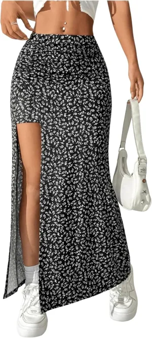 Women's Boho Floral Print Skirt Split Thigh Bodycon Maxi Skirts High Waisted Long Sexy Skirt