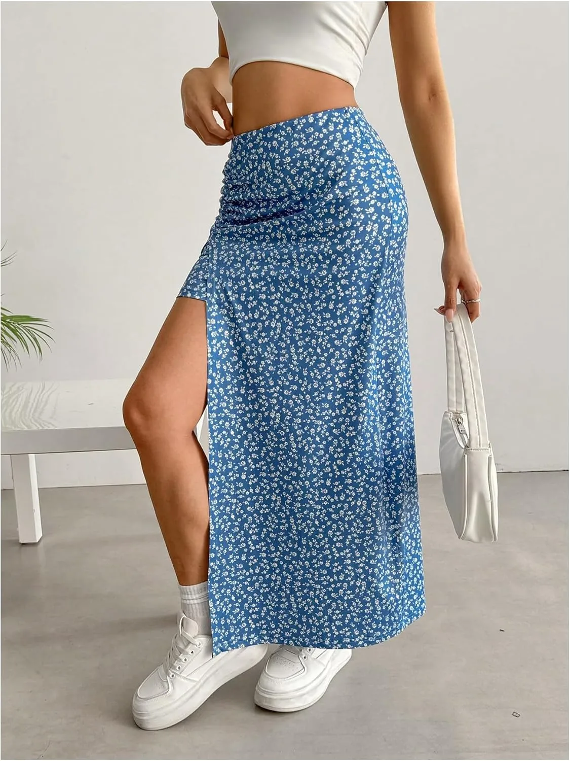 Women's Boho Floral Print Skirt Split Thigh Bodycon Maxi Skirts High Waisted Long Sexy Skirt