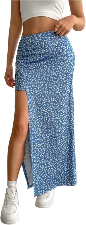 Women's Boho Floral Print Skirt Split Thigh Bodycon Maxi Skirts High Waisted Long Sexy Skirt