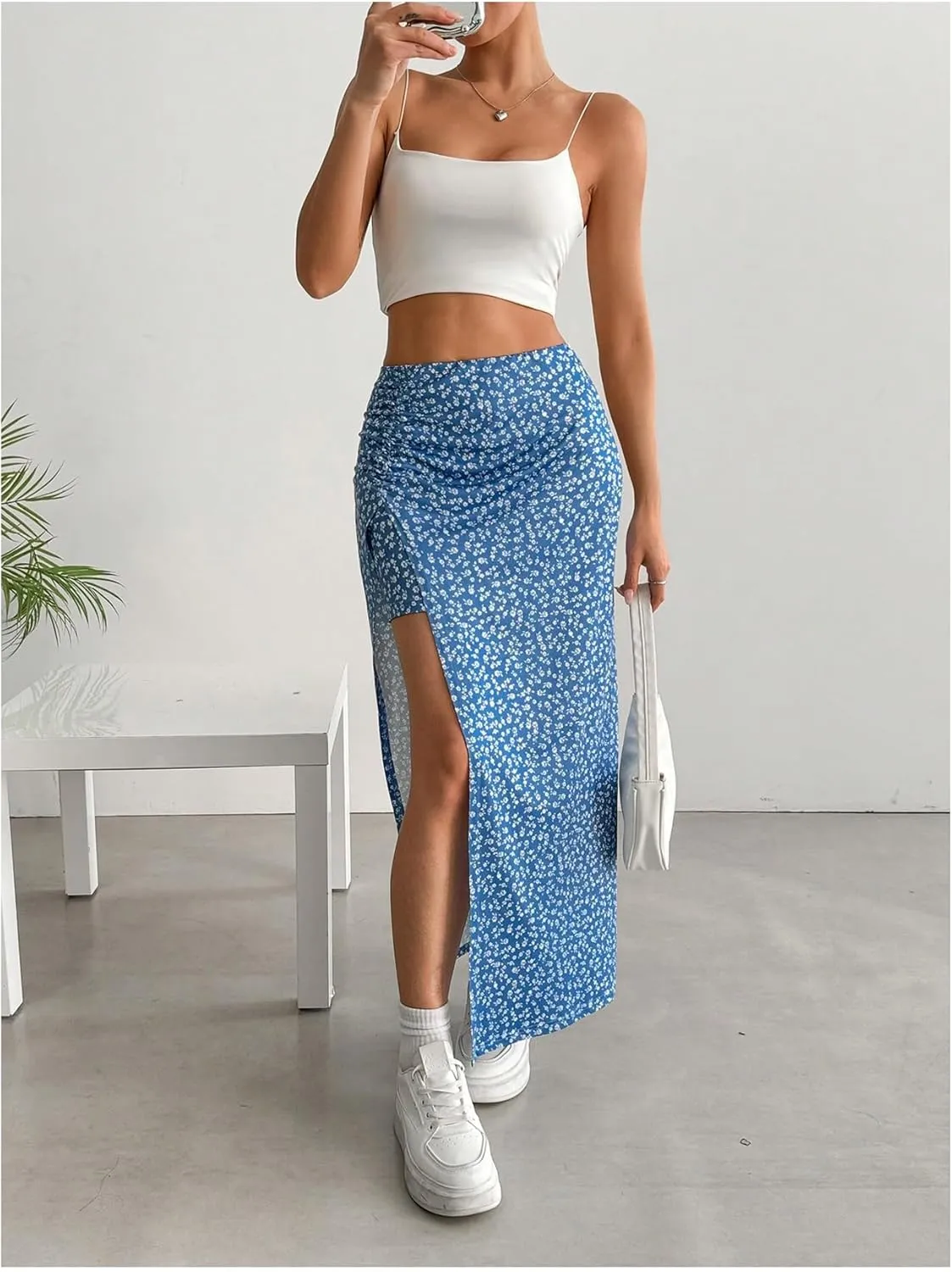 Women's Boho Floral Print Skirt Split Thigh Bodycon Maxi Skirts High Waisted Long Sexy Skirt