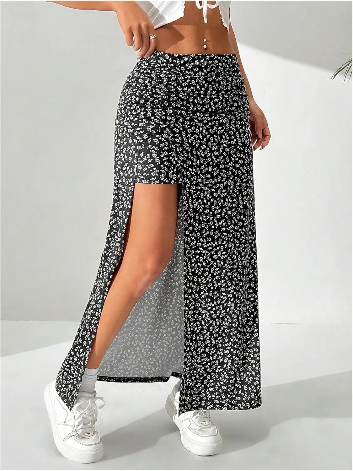 Women's Boho Floral Print Skirt Split Thigh Bodycon Maxi Skirts High Waisted Long Sexy Skirt