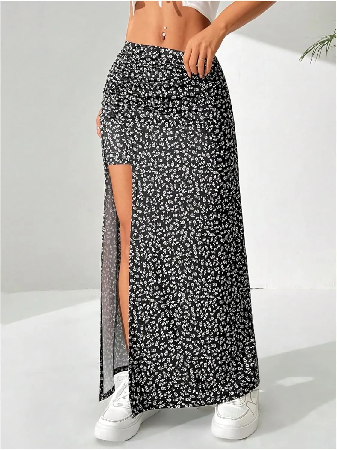 Women's Boho Floral Print Skirt Split Thigh Bodycon Maxi Skirts High Waisted Long Sexy Skirt