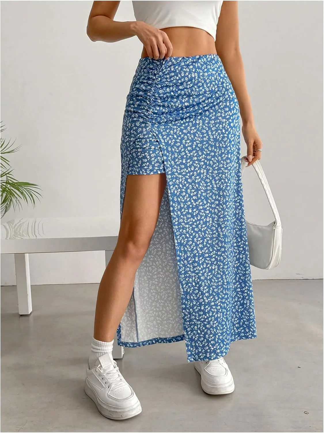 Women's Boho Floral Print Skirt Split Thigh Bodycon Maxi Skirts High Waisted Long Sexy Skirt