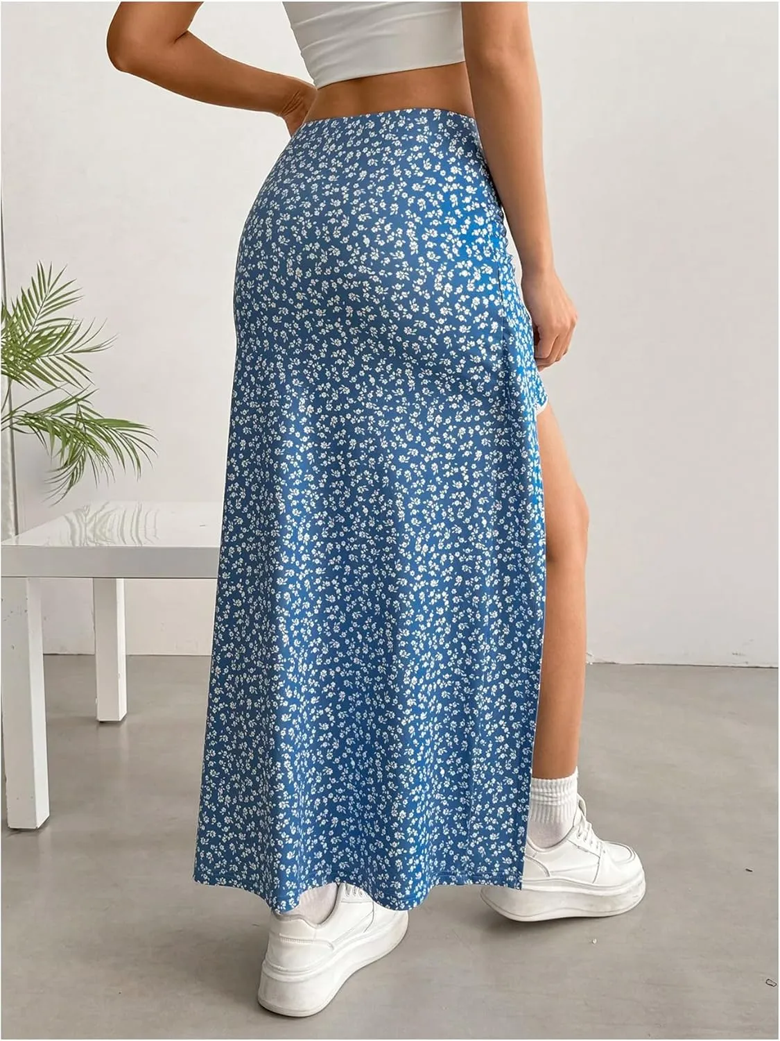 Women's Boho Floral Print Skirt Split Thigh Bodycon Maxi Skirts High Waisted Long Sexy Skirt