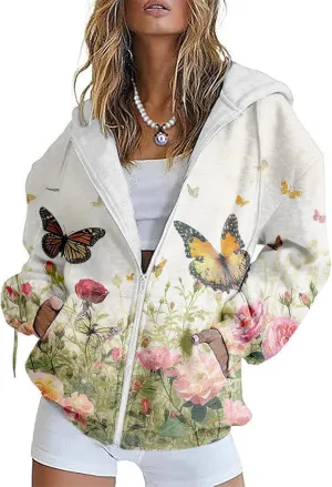 Women's Butterfly Graphic Hoodies Oversized Zip Up Sweatshirts Long Sleeve Fall Vintage Novelty Hoodies with Pockets