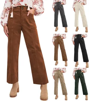 Womens Corduroy Pants Vintage High Waisted Wide Leg Dress Pants with Pockets Casual Button Down Comfy Work Pants 2024