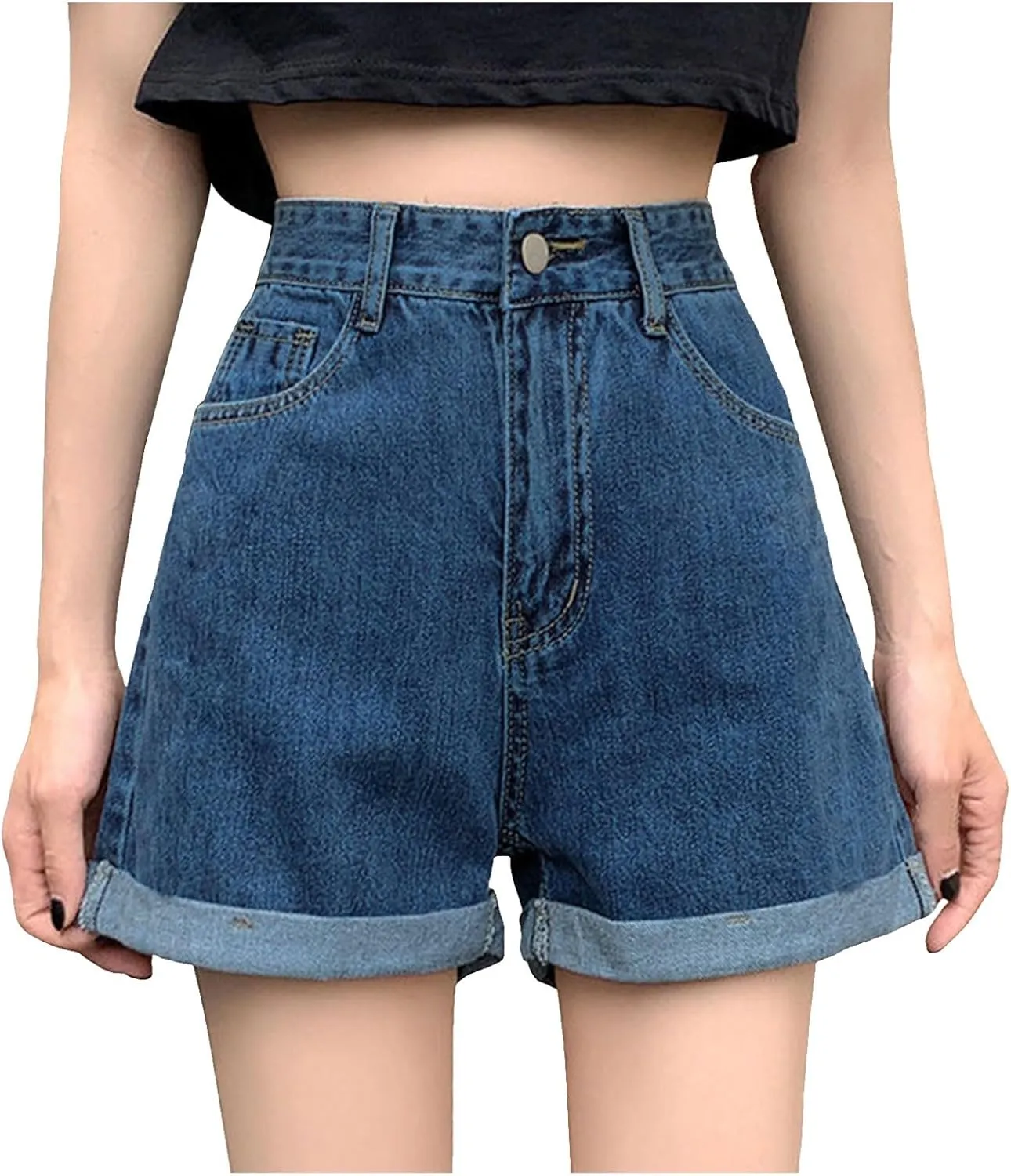 Womens Denim Jean Shorts High Waisted Trendy Summer Wide Leg Stretchy Baggy Folded Hem Y2k Girls Hot Shorts Pants