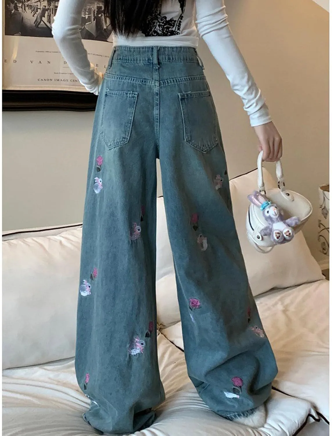 Women's Denim Pants Y2K Jeans Retro Embroidered Pattern Printed Loose Casual Jeans Straight Leg Pants
