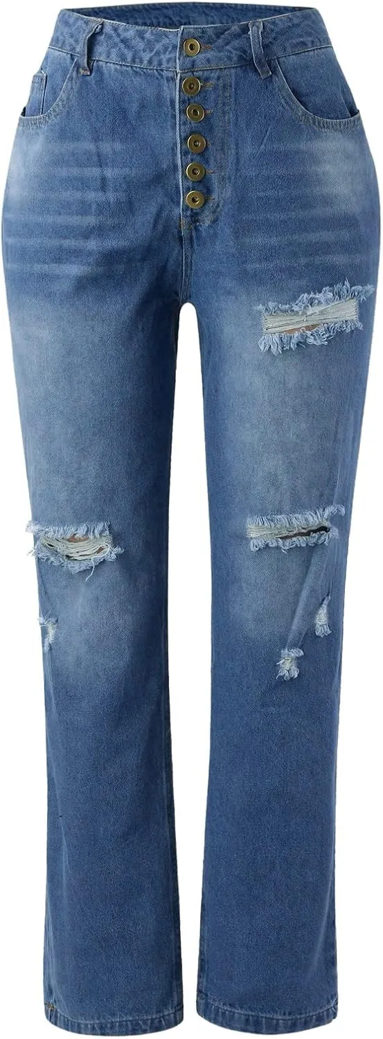 Women's Distressed Jeans Solid Loose Washed Ripped Hole High Waist Button with Pocket Jeans Trousers