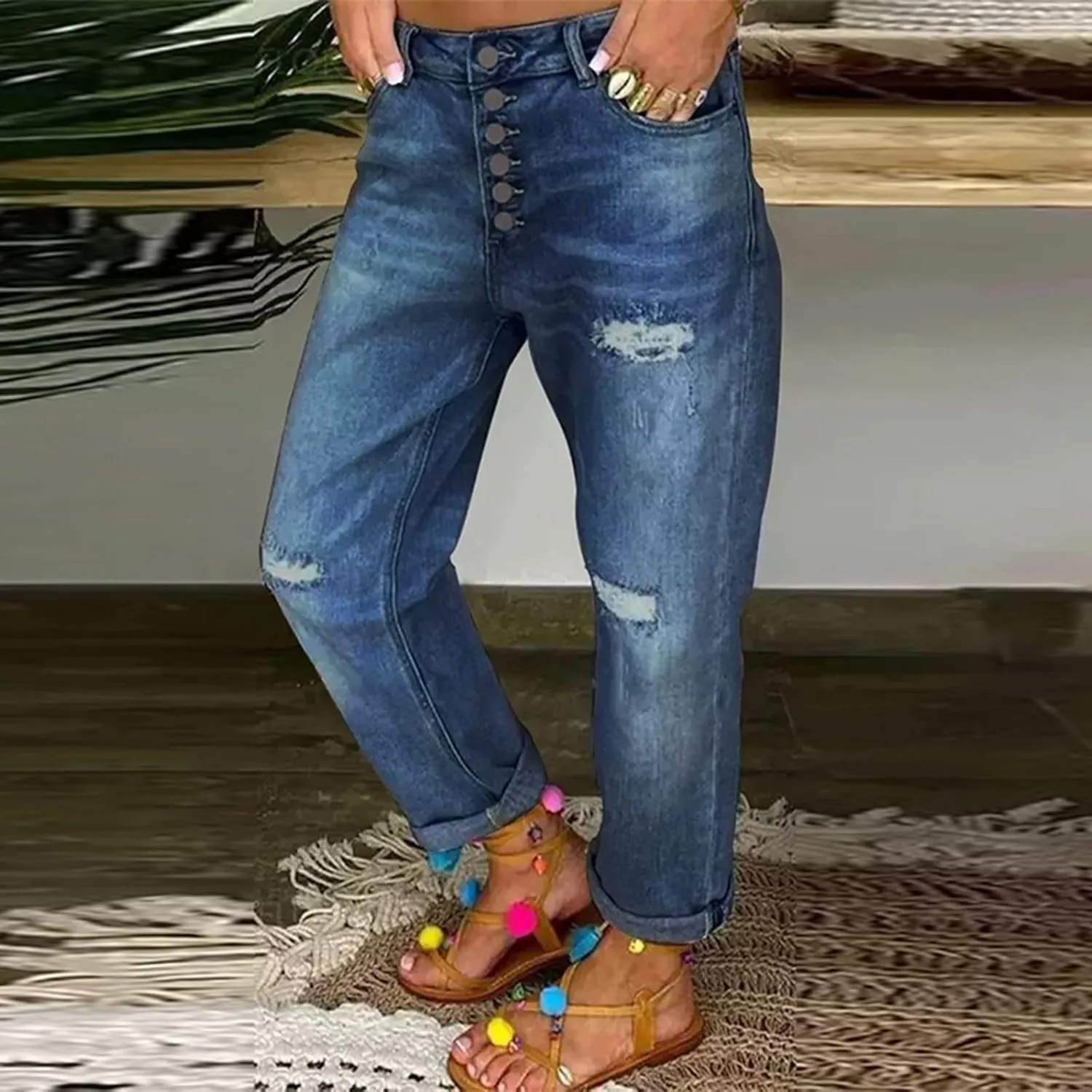 Women's Distressed Jeans Solid Loose Washed Ripped Hole High Waist Button with Pocket Jeans Trousers