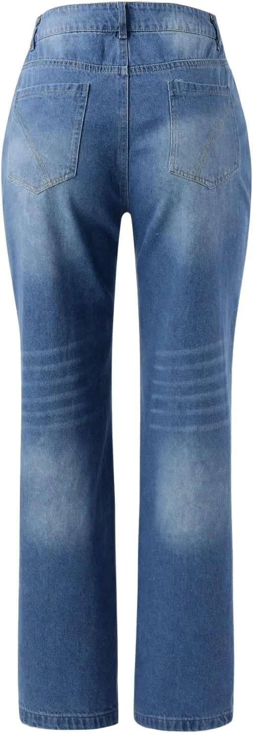 Women's Distressed Jeans Solid Loose Washed Ripped Hole High Waist Button with Pocket Jeans Trousers