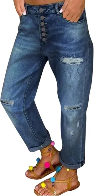 Women's Distressed Jeans Solid Loose Washed Ripped Hole High Waist Button with Pocket Jeans Trousers