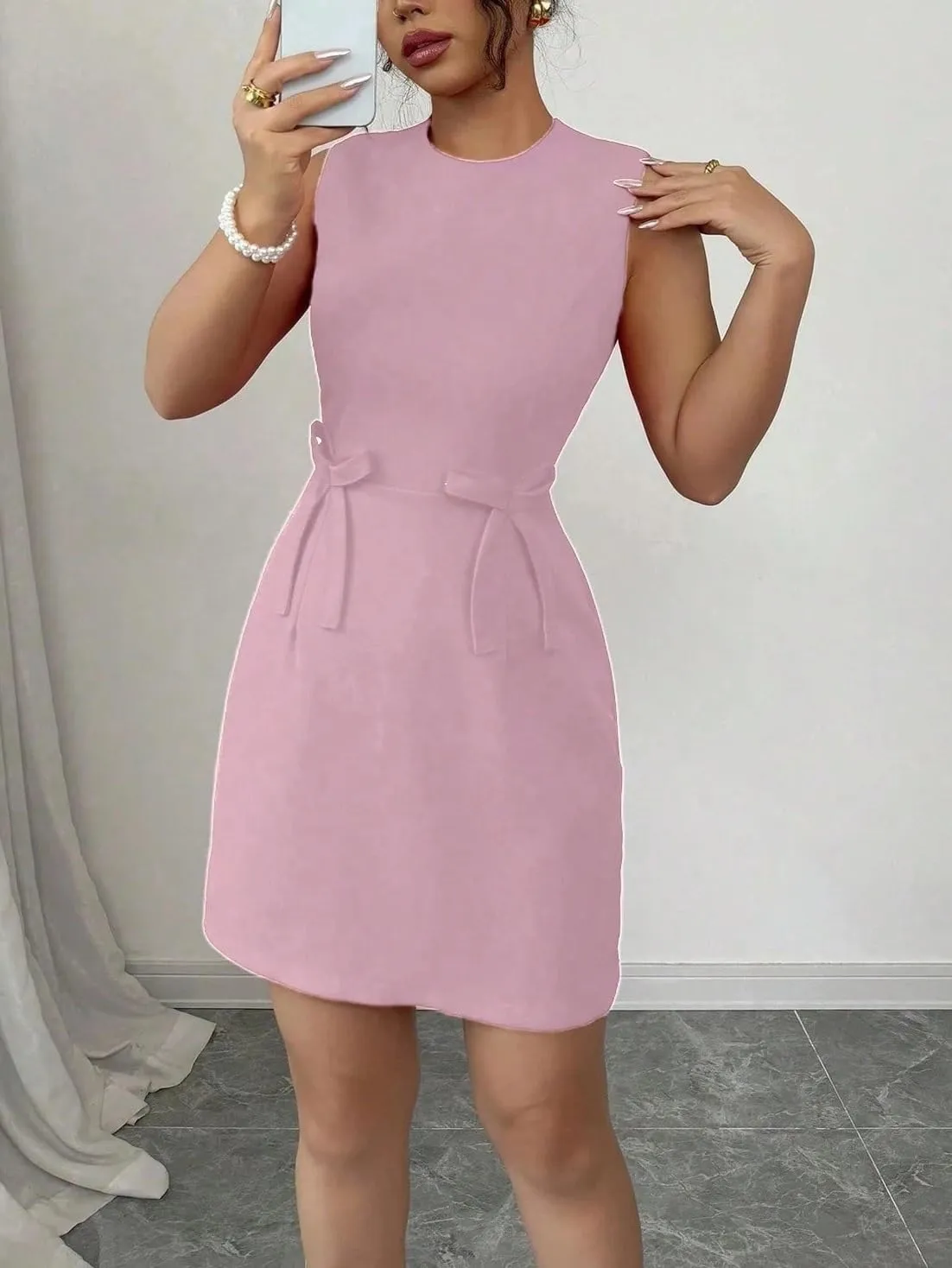 Women's Elegant Sleeveless Fitted Waist Flared Mini Dress Bow Fashion Short Dresses for Women