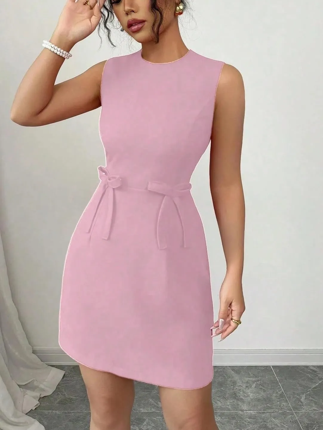 Women's Elegant Sleeveless Fitted Waist Flared Mini Dress Bow Fashion Short Dresses for Women