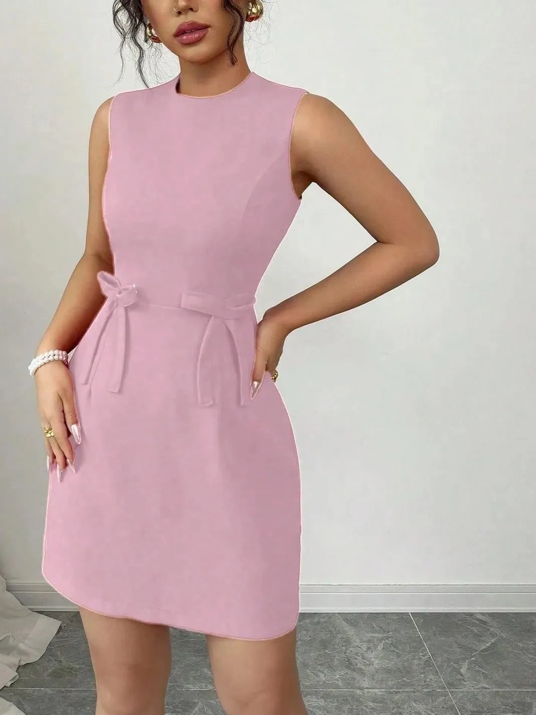 Women's Elegant Sleeveless Fitted Waist Flared Mini Dress Bow Fashion Short Dresses for Women