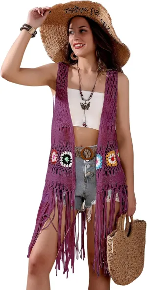 Women's Floral Crochet Hollow Out Sleeveless Fringe Boho Retro-Look Handmade Cardigan Vest Tassels