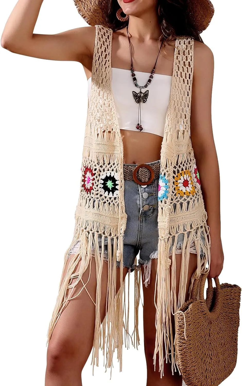 Women's Floral Crochet Hollow Out Sleeveless Fringe Boho Retro-Look Handmade Cardigan Vest Tassels