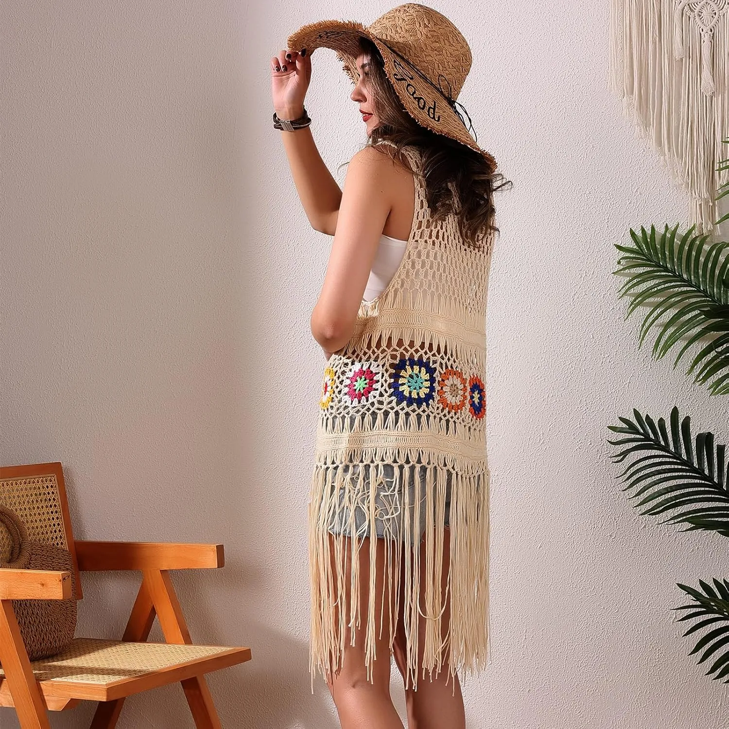 Women's Floral Crochet Hollow Out Sleeveless Fringe Boho Retro-Look Handmade Cardigan Vest Tassels