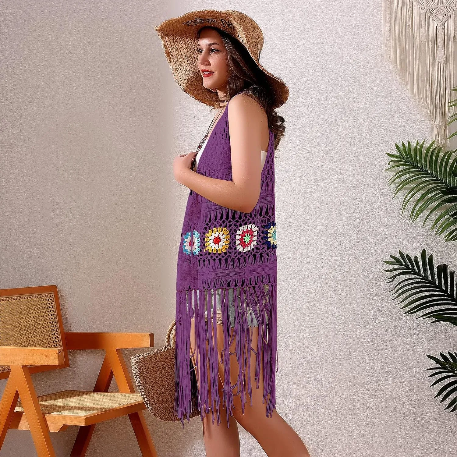 Women's Floral Crochet Hollow Out Sleeveless Fringe Boho Retro-Look Handmade Cardigan Vest Tassels