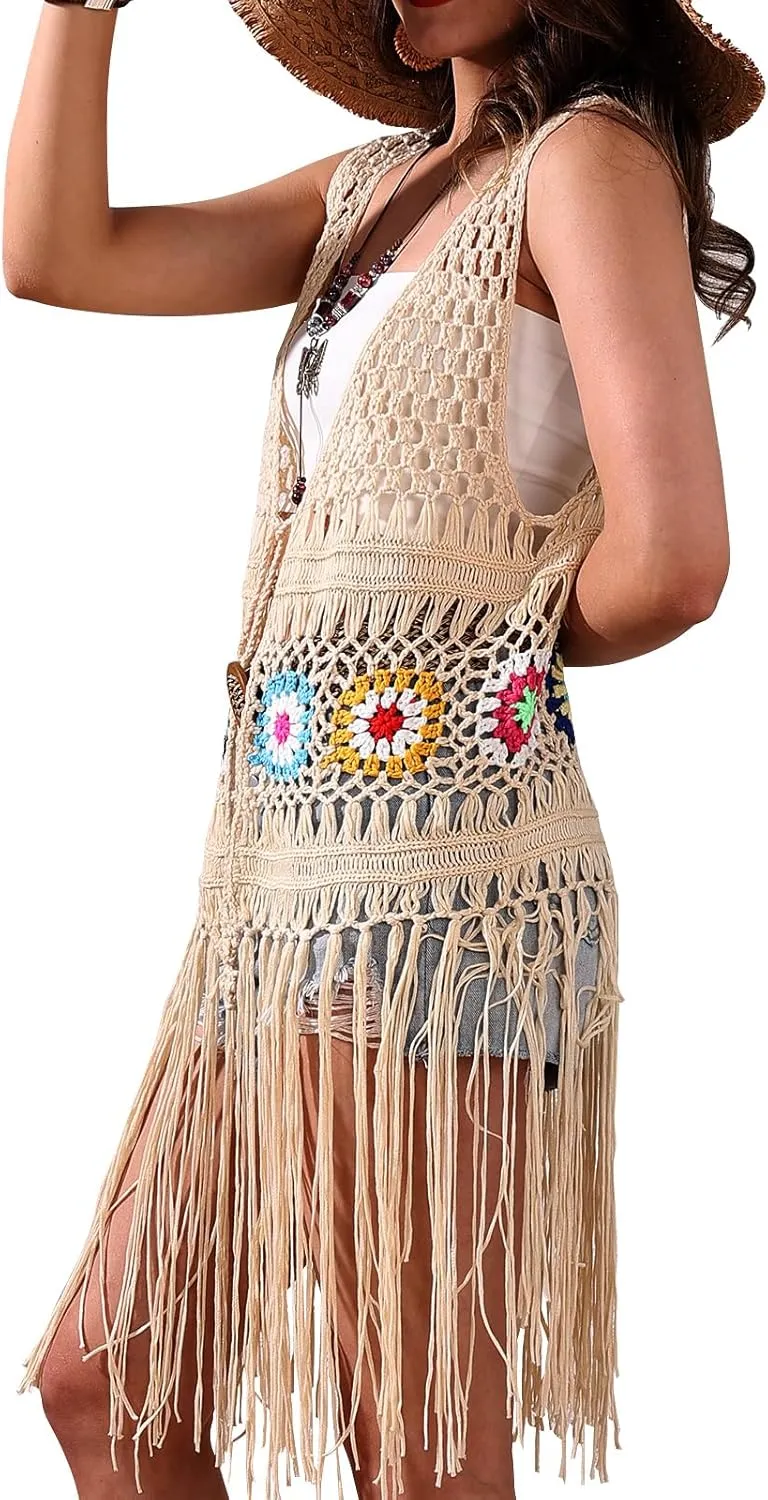 Women's Floral Crochet Hollow Out Sleeveless Fringe Boho Retro-Look Handmade Cardigan Vest Tassels