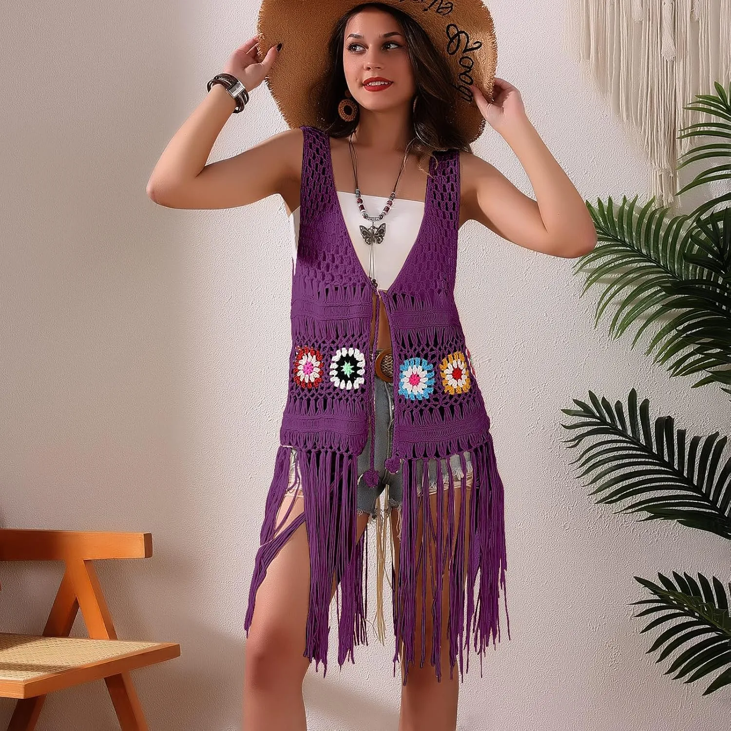 Women's Floral Crochet Hollow Out Sleeveless Fringe Boho Retro-Look Handmade Cardigan Vest Tassels