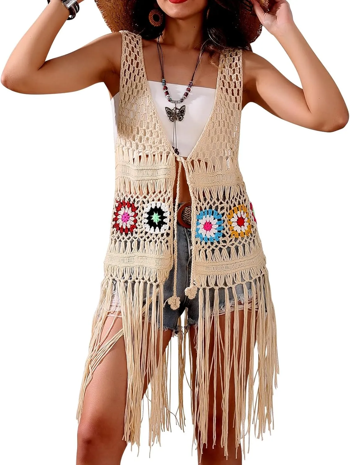 Women's Floral Crochet Hollow Out Sleeveless Fringe Boho Retro-Look Handmade Cardigan Vest Tassels