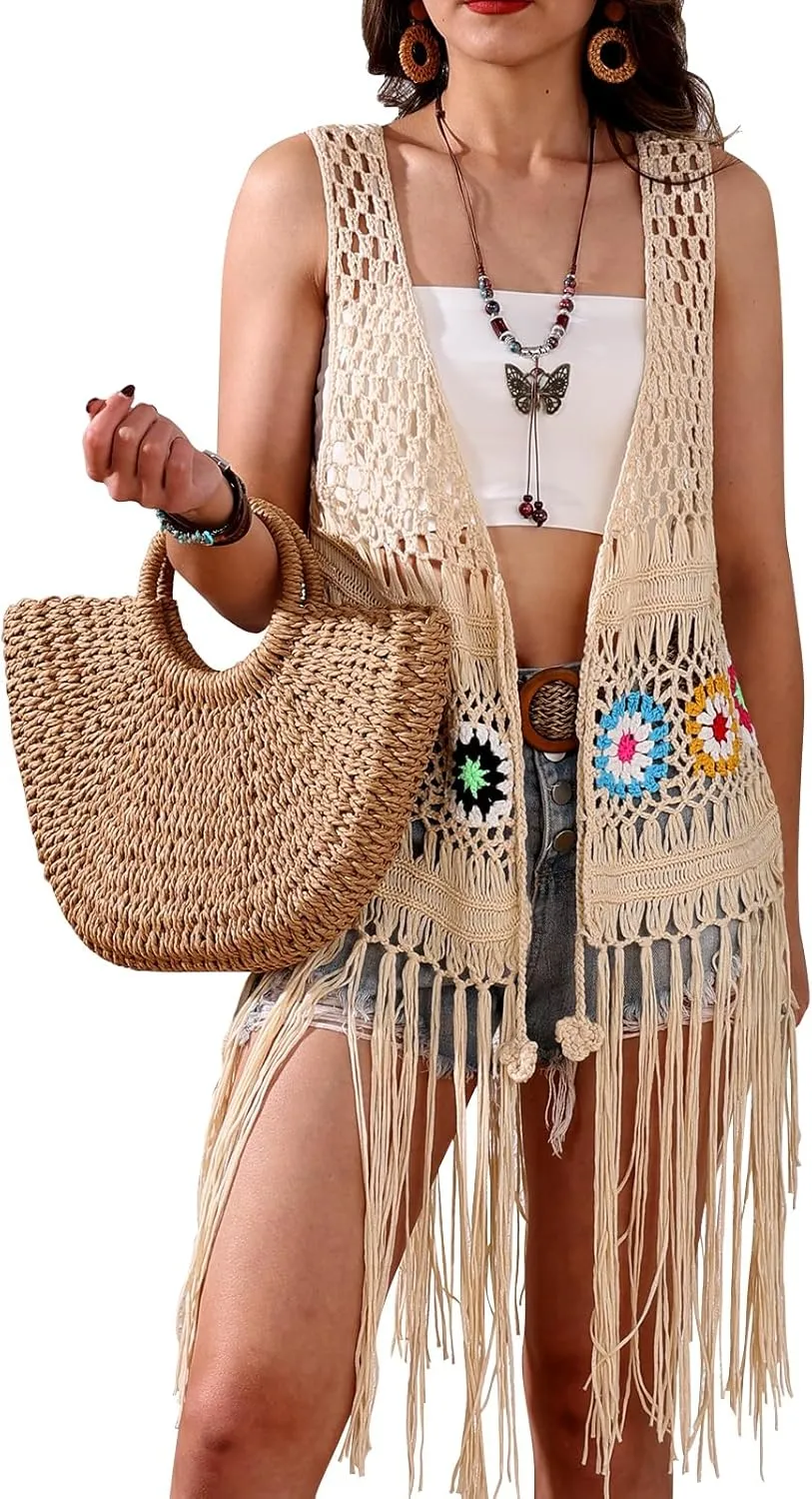Women's Floral Crochet Hollow Out Sleeveless Fringe Boho Retro-Look Handmade Cardigan Vest Tassels