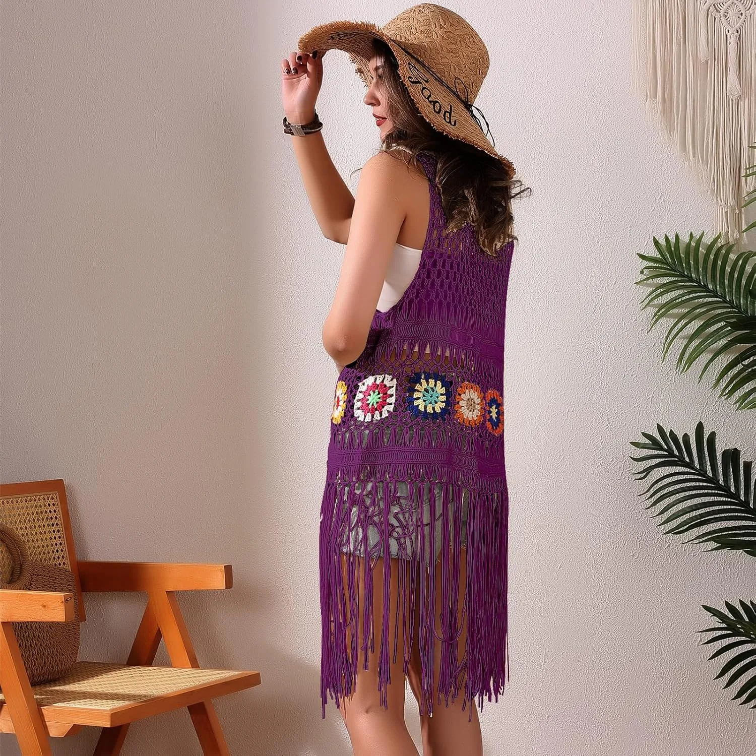 Women's Floral Crochet Hollow Out Sleeveless Fringe Boho Retro-Look Handmade Cardigan Vest Tassels