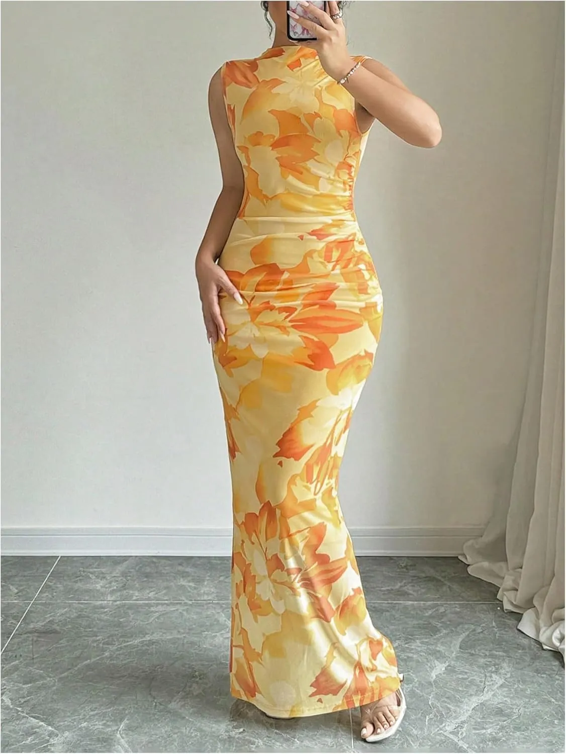 Women's Floral Print Maxi Dress Sleeveless Slit Tank Dress Mock Neck Bodycon Dresses