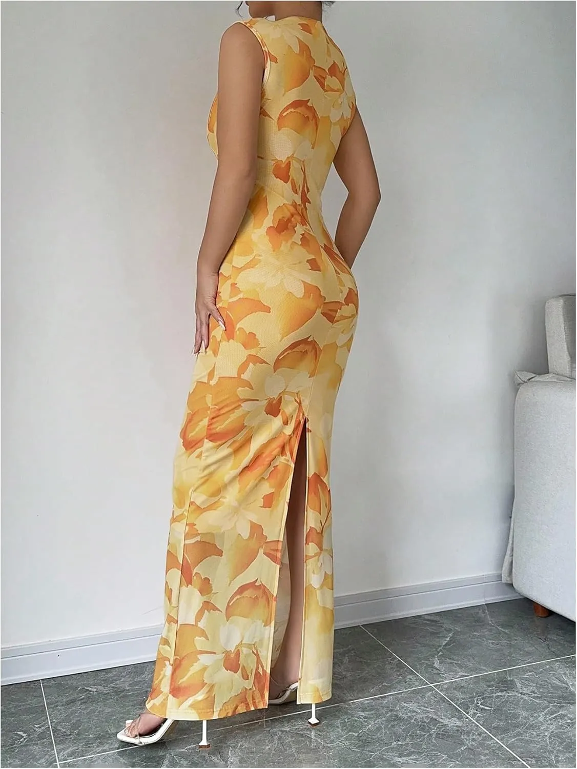 Women's Floral Print Maxi Dress Sleeveless Slit Tank Dress Mock Neck Bodycon Dresses