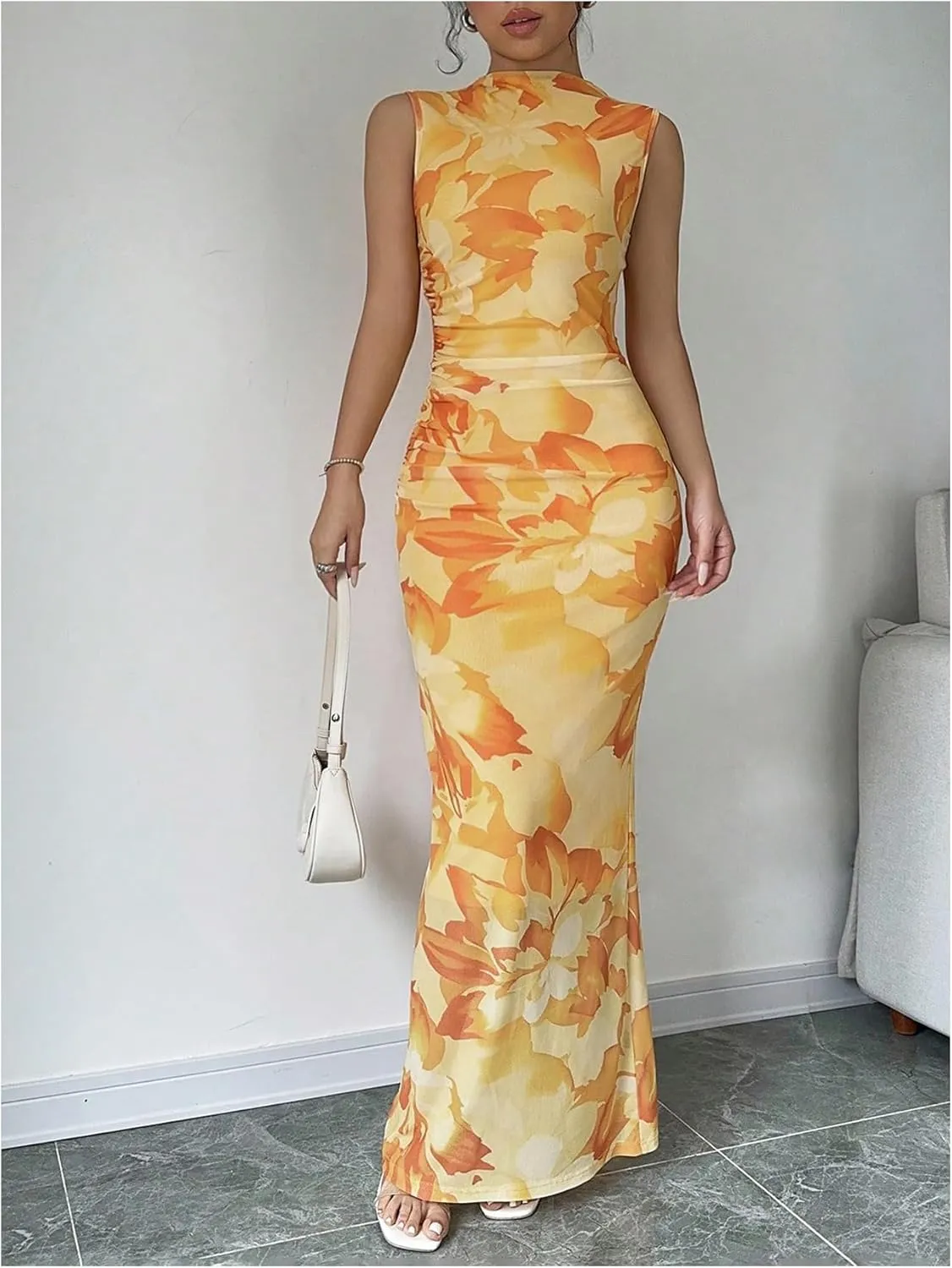 Women's Floral Print Maxi Dress Sleeveless Slit Tank Dress Mock Neck Bodycon Dresses