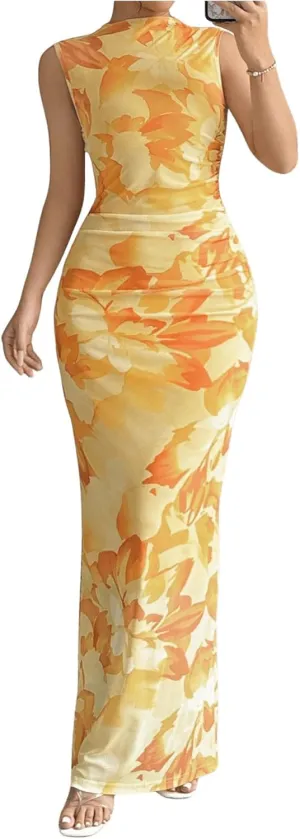 Women's Floral Print Maxi Dress Sleeveless Slit Tank Dress Mock Neck Bodycon Dresses