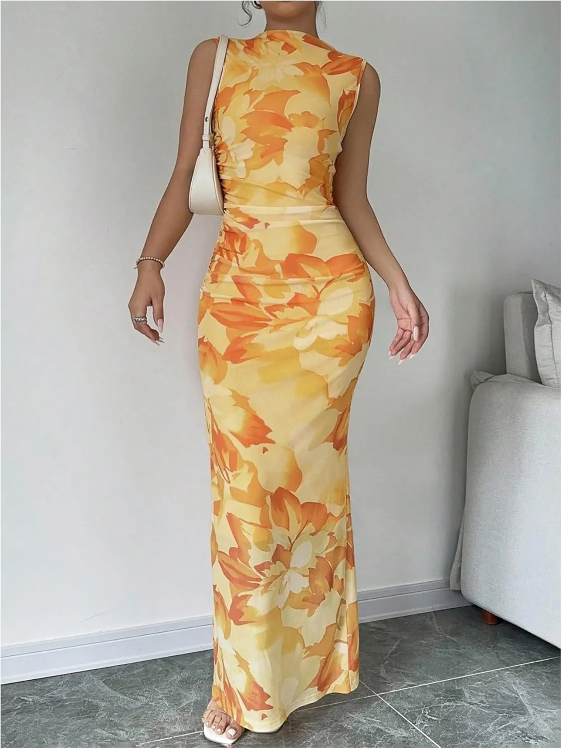 Women's Floral Print Maxi Dress Sleeveless Slit Tank Dress Mock Neck Bodycon Dresses