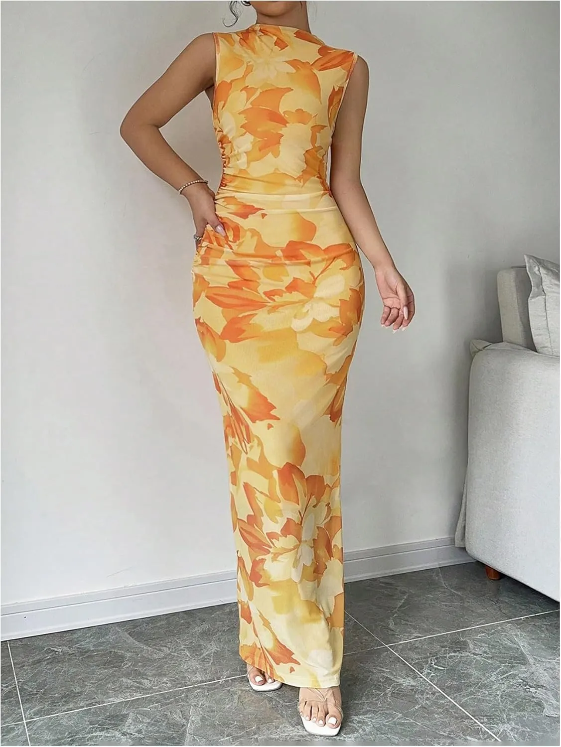 Women's Floral Print Maxi Dress Sleeveless Slit Tank Dress Mock Neck Bodycon Dresses