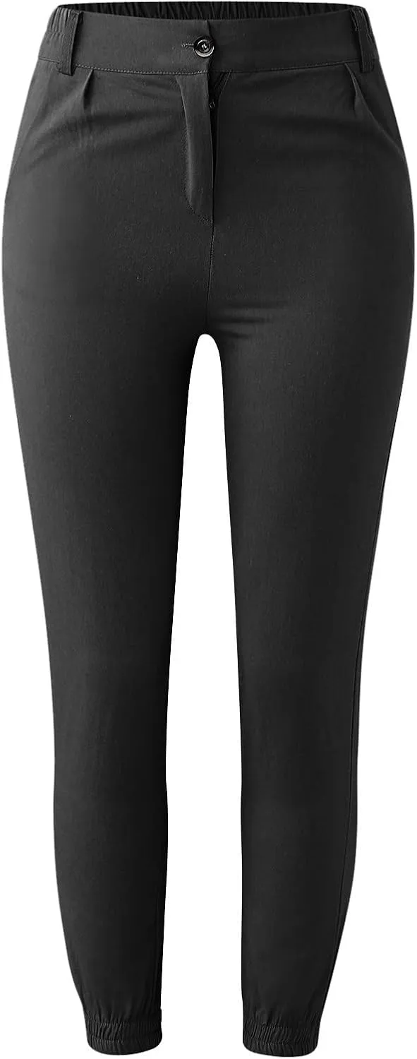 Women's High Waist Cropped Pants Casual Solid Color Slim Fit Long Pants Button Down Business Work Trousers