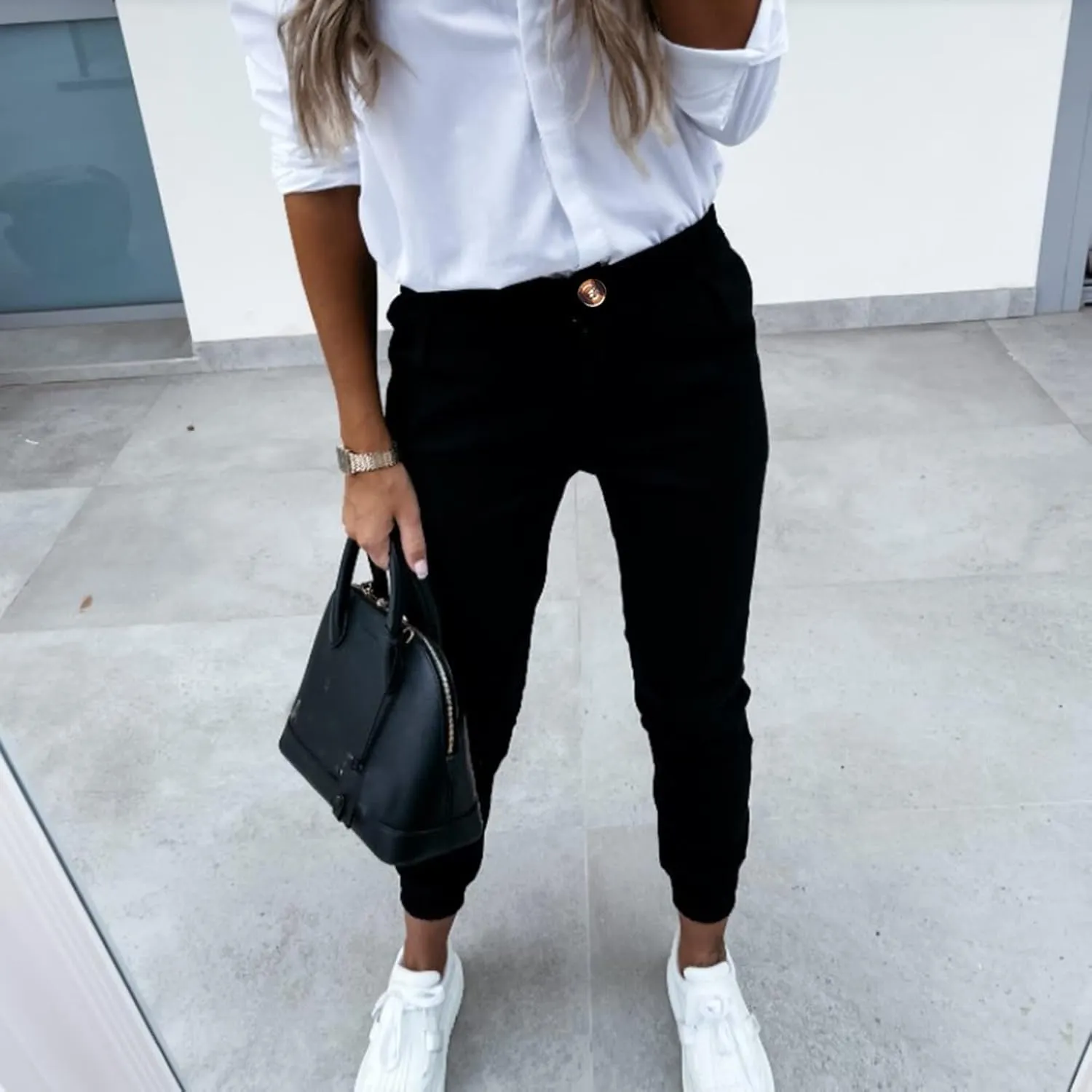 Women's High Waist Cropped Pants Casual Solid Color Slim Fit Long Pants Button Down Business Work Trousers