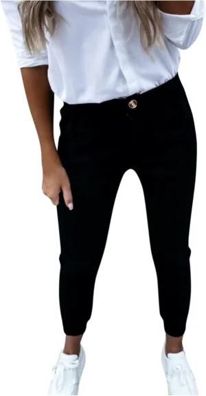 Women's High Waist Cropped Pants Casual Solid Color Slim Fit Long Pants Button Down Business Work Trousers