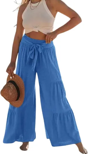 Womens High Waisted Tiered Pleated Pant Summer Casual Tie Front Wide Leg Trousers Ruffle Hem Beach Lounge Pants