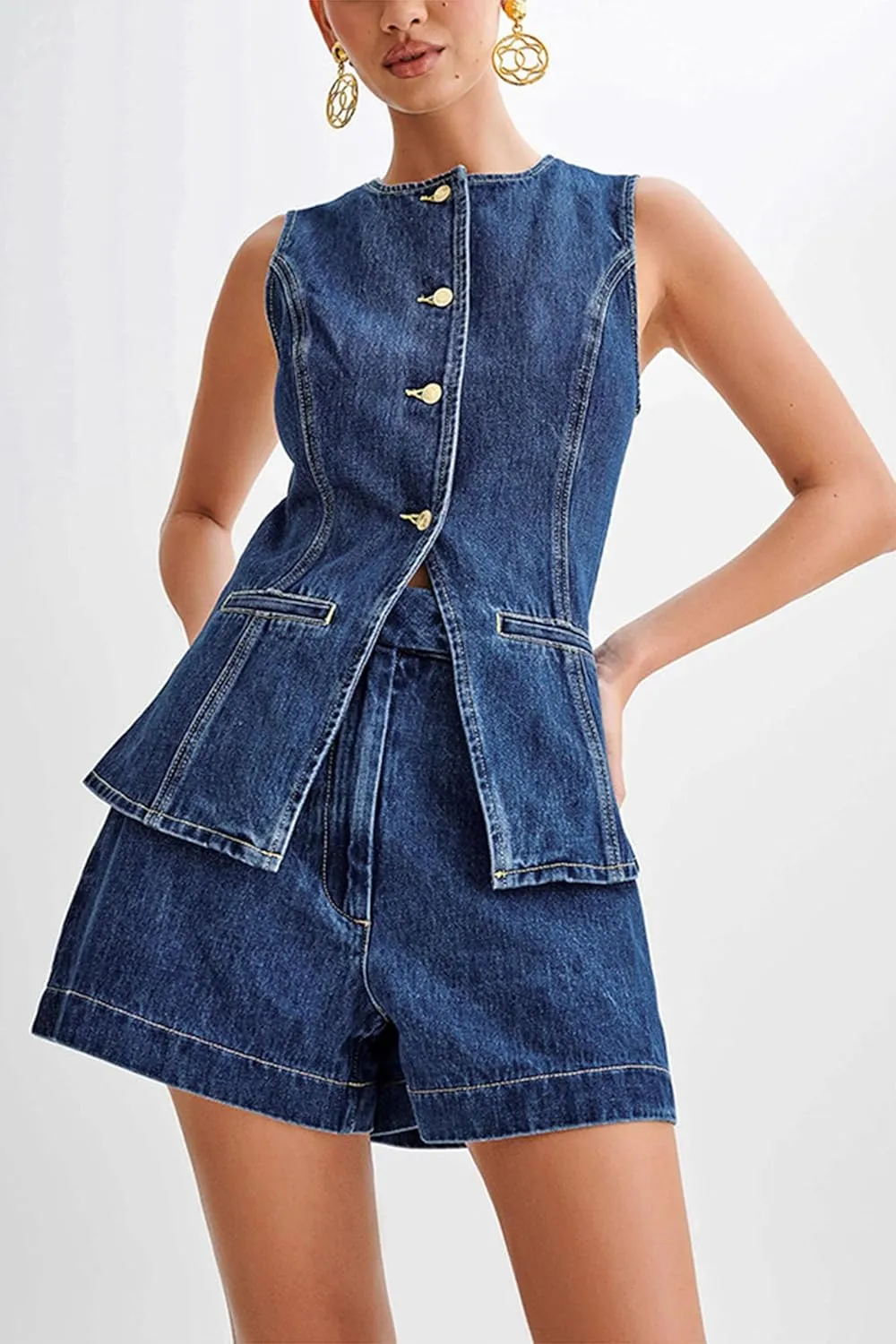 Women's Jeans Two-Piece Casual Sleeveless high-Waisted Denim Jacket Undershirt top Shorts Suit Suit Sportswear