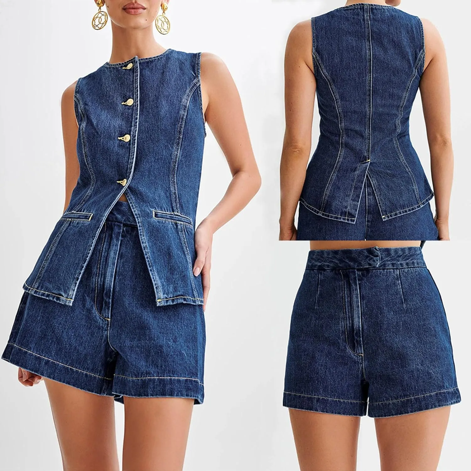Women's Jeans Two-Piece Casual Sleeveless high-Waisted Denim Jacket Undershirt top Shorts Suit Suit Sportswear