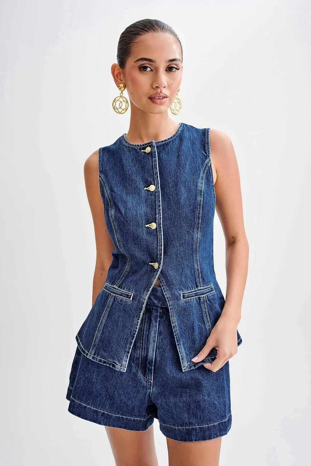 Women's Jeans Two-Piece Casual Sleeveless high-Waisted Denim Jacket Undershirt top Shorts Suit Suit Sportswear