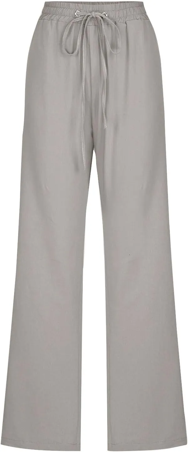 Women's Linen Pant Drawstrings Straight Leg High Waist Trousers Summer Casual Lightweight Breathable Long Pants