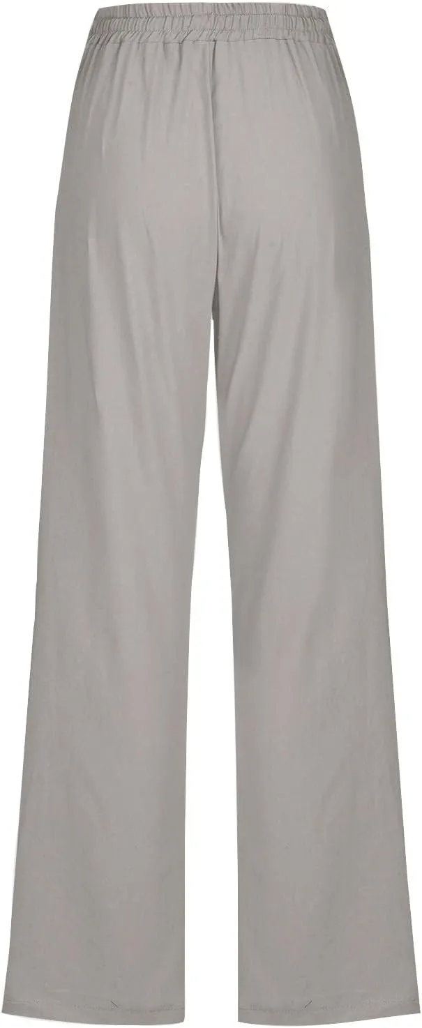 Women's Linen Pant Drawstrings Straight Leg High Waist Trousers Summer Casual Lightweight Breathable Long Pants